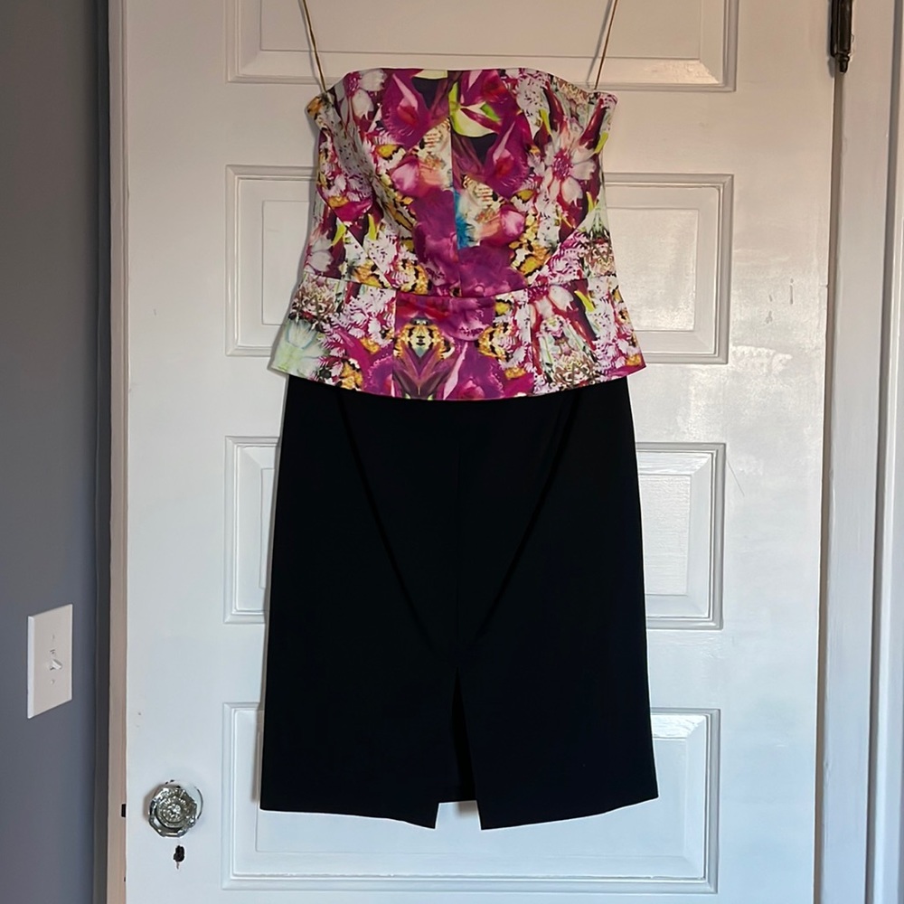 Strapless dress, pink floral pattern on top, black on the bottom